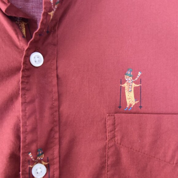 Bonobos Men’s L/S Button Down Shirt L Red Skiing Cats Print Long Sleeve Camp - Picture 9 of 9